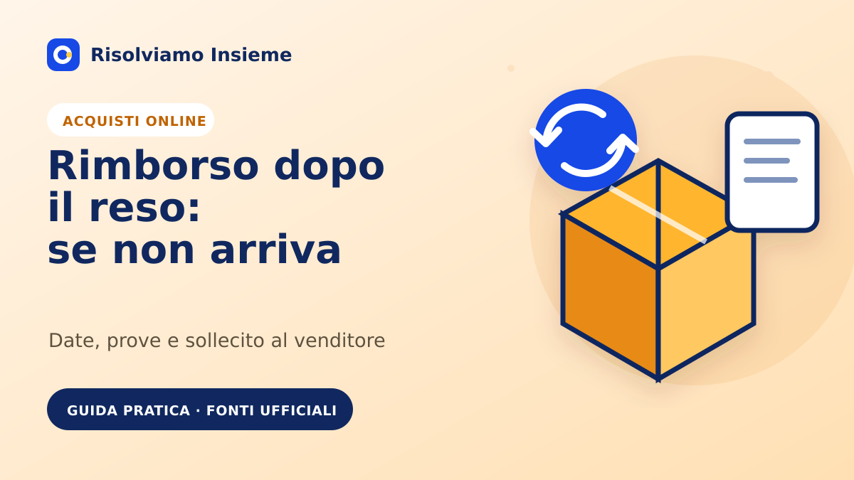 Un pacco restituito, una ricevuta e il simbolo del rimborso illustrano un reso online